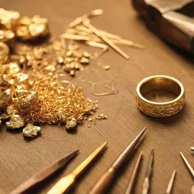 Gold nuggets, gold shavings, a decorative gold ring, metalworking tools, and a hammer are arranged on a wooden surface.