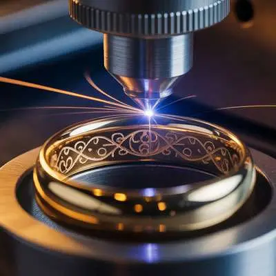 A laser engraving machine etching an ornate pattern onto a gold ring.