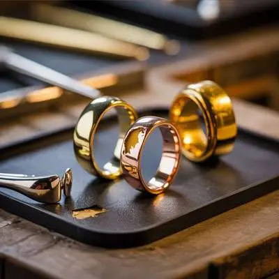 Three metal rings—two gold and one rose gold—are displayed upright on a black tray with metal tools nearby on a wooden surface.