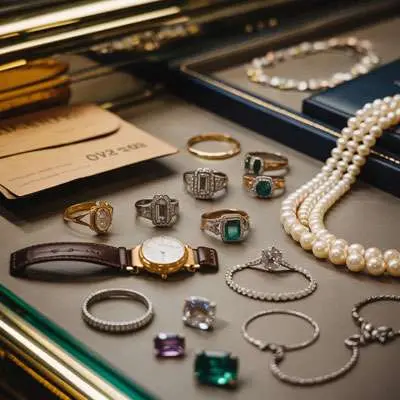 A display of various jewelry items, including rings, bracelets, a wristwatch, pearl necklaces, and gemstone earrings, arranged neatly on a flat surface.
