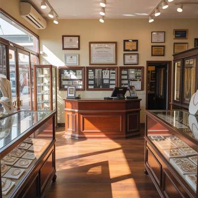 A jewelry store interior with glass display cases, wooden flooring, framed certificates on the wall, and sunlight streaming in through the windows.