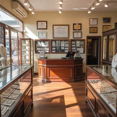A jewelry store interior with glass display cases, wooden flooring, framed certificates on the wall, and sunlight streaming in through the windows.