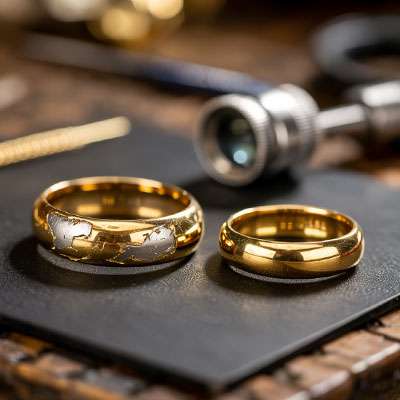 Two gold rings, one with a silver map-like design, placed on a black surface with a jeweler’s magnifying glass in the background.