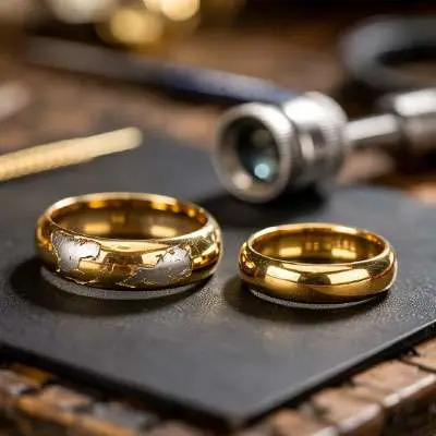Two gold rings, one with a silver map-like design, placed on a black surface with a jeweler’s magnifying glass in the background.