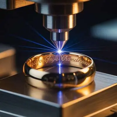 A laser engraving machine etching text onto the surface of a gold ring.