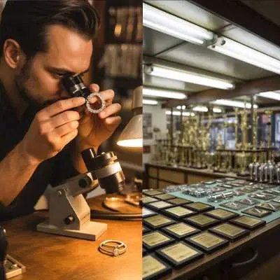A person examines a ring with a magnifying glass on the left; award plaques and trophies are displayed on tables on the right.