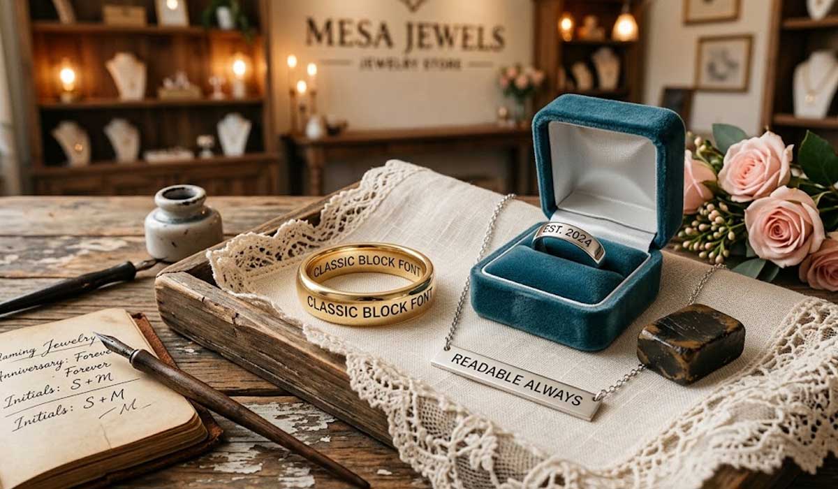 Jewelry display with engraved rings, a necklace, and an open jewelry box on a lace cloth; flowers, a notebook, and the Mesa Jewels store interior are in the background.
