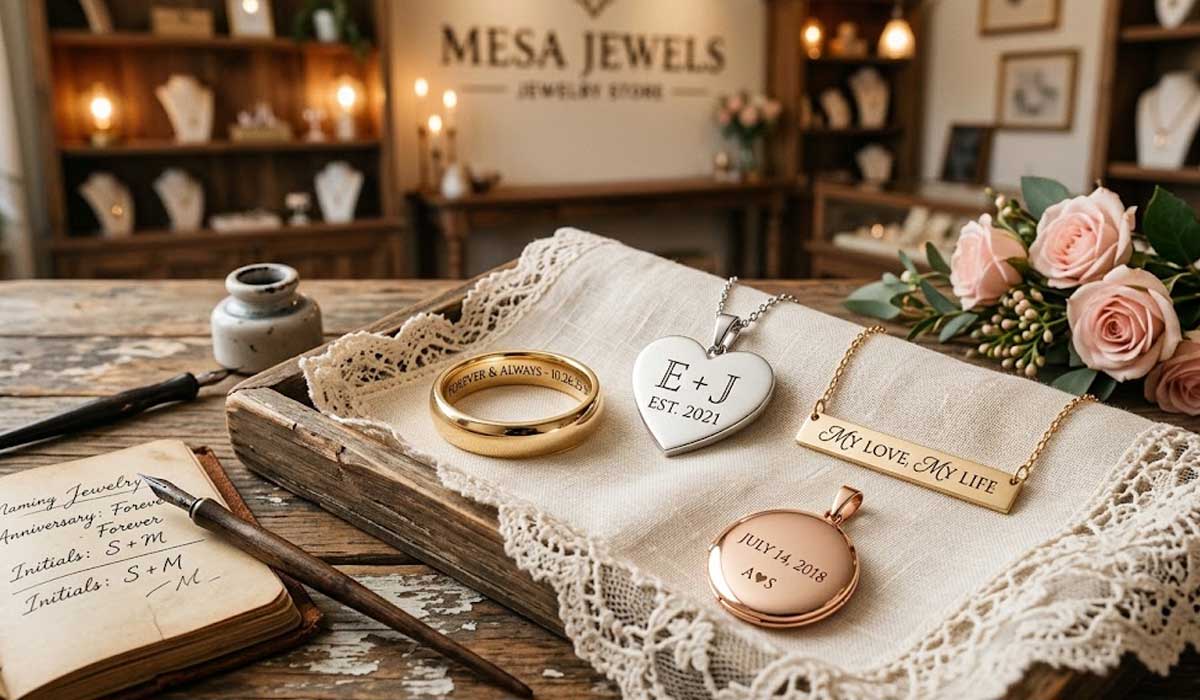 A lace-covered tray displays engraved jewelry, including rings, a heart pendant, a round pendant, and a bar necklace, with a bouquet and an open notebook nearby.