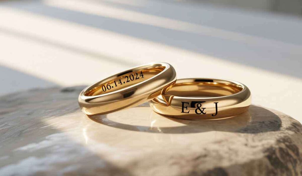 Two gold rings resting on a stone surface; one ring engraved with "06.14.2024," the other engraved with "E & J.