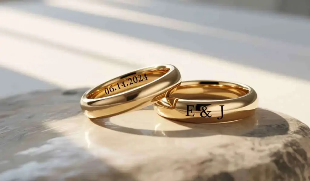 Two gold rings resting on a stone surface; one ring engraved with "06.14.2024," the other engraved with "E & J.