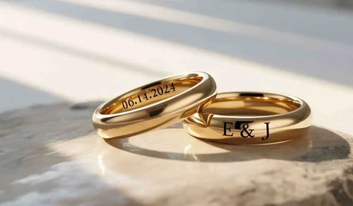 Two gold rings rest on a stone surface; one is engraved with “06.14.2024” and the other with “E & J.”.