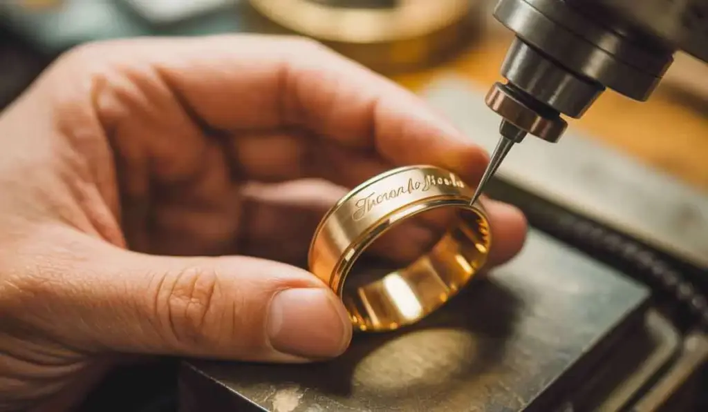 A close-up of a hand holding a gold ring while an engraving machine inscribes text onto its surface.