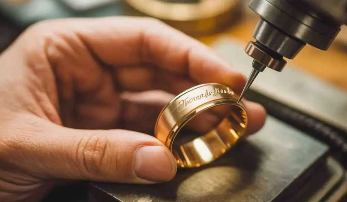 A hand holds a gold ring while an engraving tool etches cursive text onto its surface.