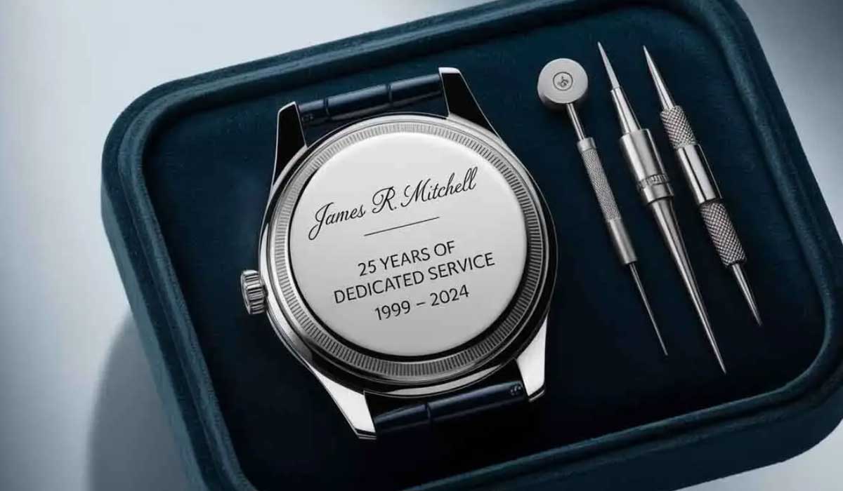 Silver watch back inscribed with “James R. Mitchell, 25 Years of Dedicated Service, 1999-2024,” next to three watch repair tools in a blue tray.