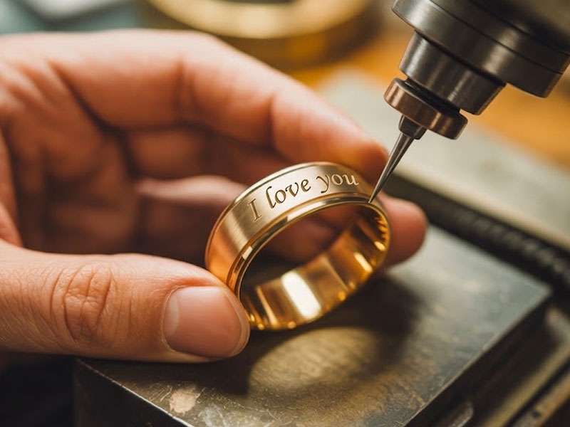 A hand holds a gold ring while a machine engraves the words "I love you" on its surface.