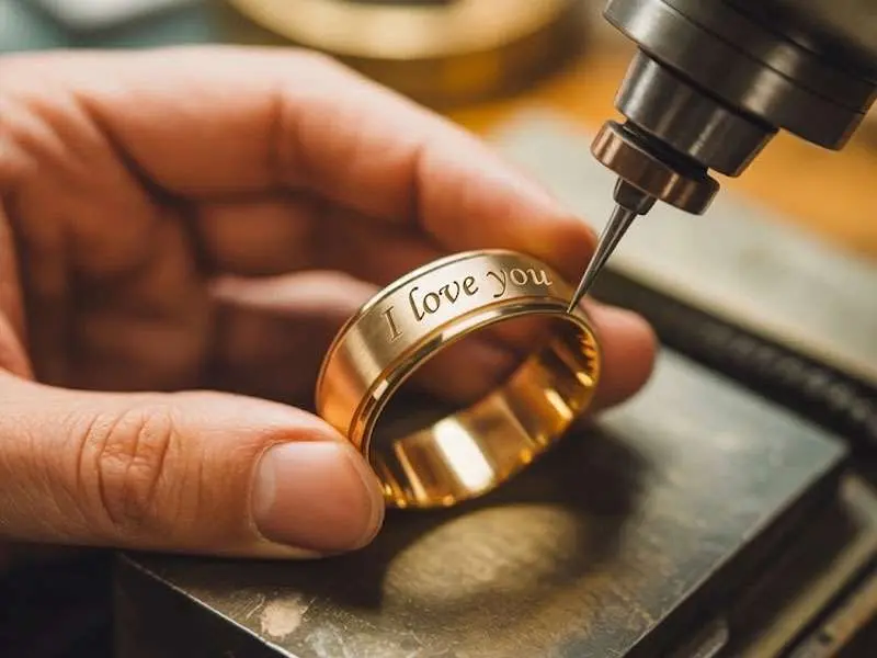 A hand holds a gold ring while a machine engraves the words "I love you" on its surface.
