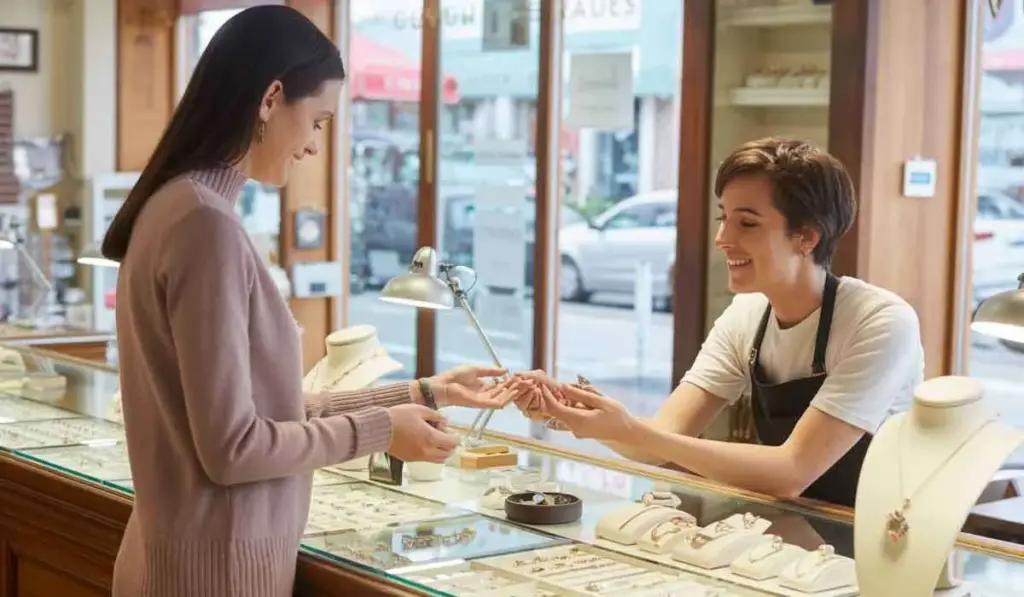 A woman behind a jewelry store counter hands a piece of jewelry to a customer standing on the other side.