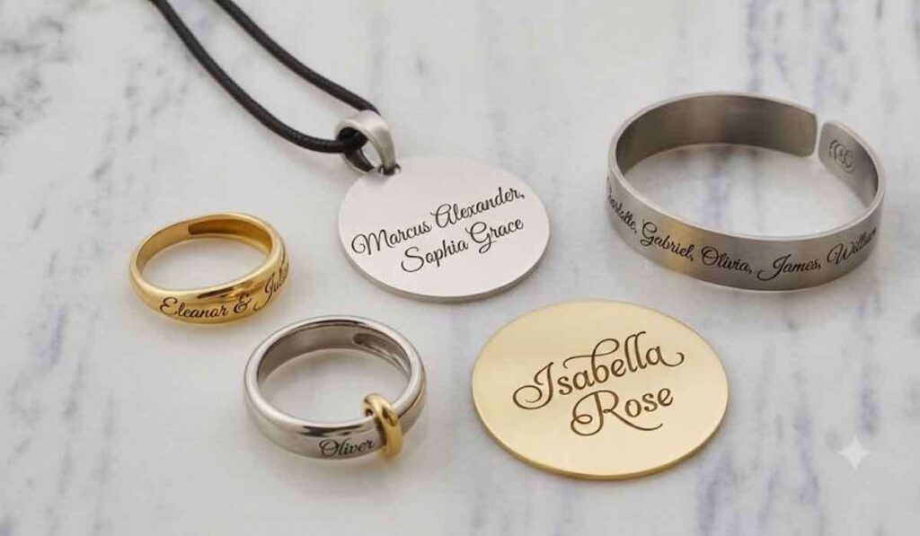 Assorted engraved jewelry pieces including rings, bracelets, and pendants, each personalized with different names in elegant script.