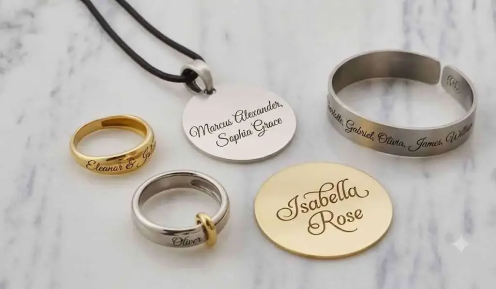 Assorted engraved jewelry pieces including rings, bracelets, and pendants, each personalized with different names in elegant script.