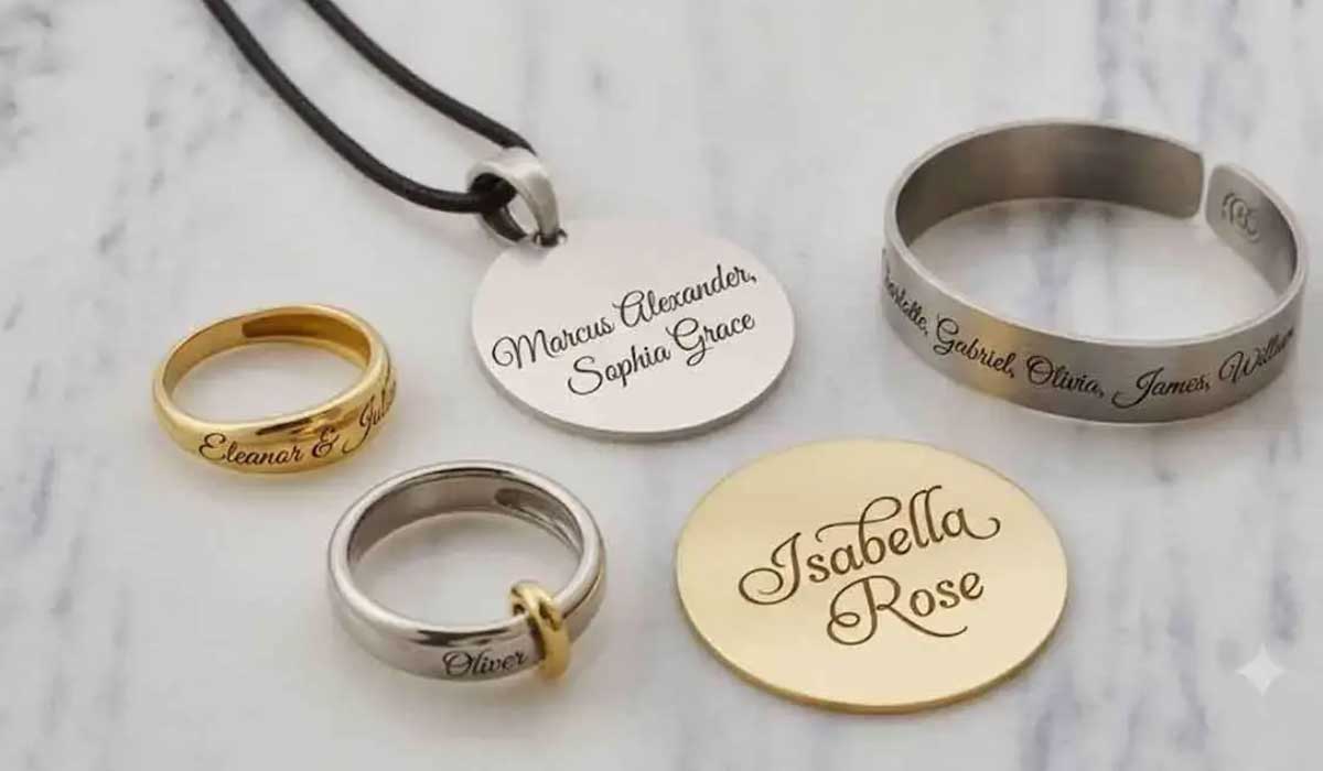 Five pieces of personalized jewelry, including rings, a bracelet, a pendant on a cord, and a gold disc, each engraved with names in cursive, displayed on a marble surface.