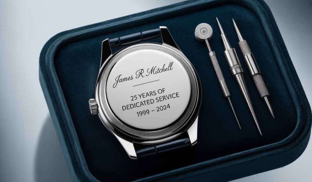 A wristwatch engraved with "James R. Mitchell, 25 Years of Dedicated Service, 1999-2024," shown in a case beside watch repair tools.