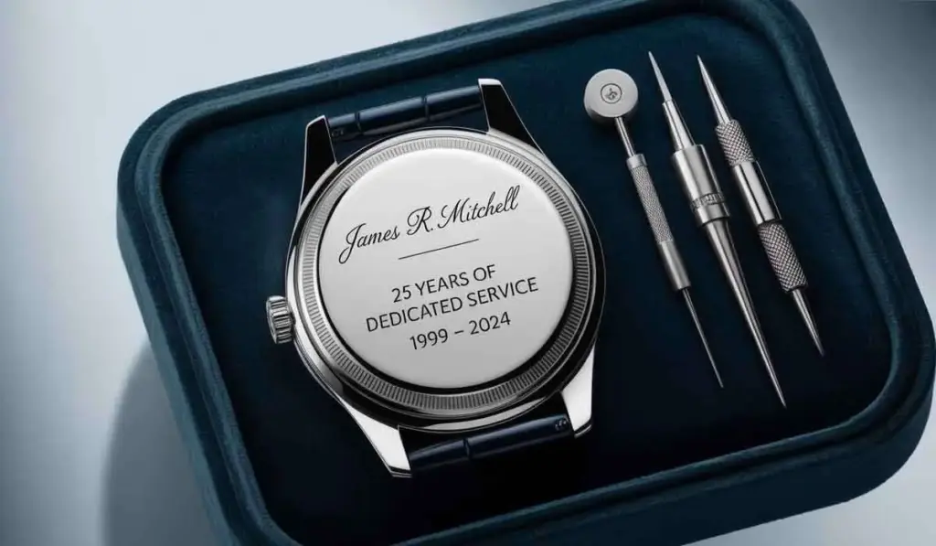 A wristwatch engraved with "James R. Mitchell, 25 Years of Dedicated Service, 1999-2024," shown in a case beside watch repair tools.