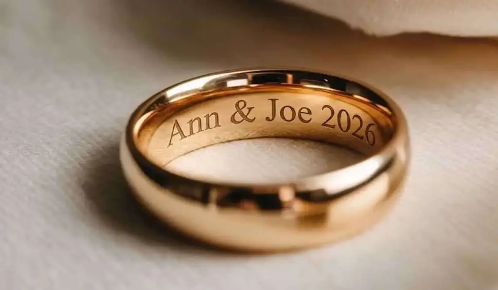 A gold ring engraved with the words "Ann & Joe 2026" rests on a light-colored surface.