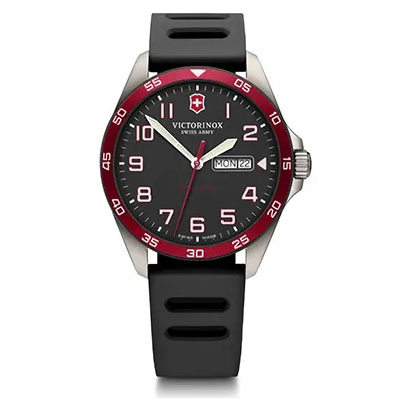 Victorinox Swiss Army wristwatch with a black face, red bezel, white numerals, date and day display, and black rubber strap.