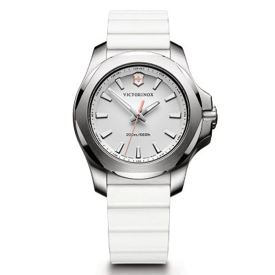 Silver Victorinox wristwatch with a white dial, minimalist hour markers, red second hand, and white rubber strap. Watch face shows water resistance of 200m/660ft.