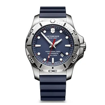Victorinox Swiss Army men’s dive watch with a blue dial, silver bezel, and blue silicone strap, featuring luminous markers and a date window.