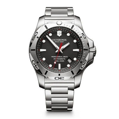 Silver Victorinox wristwatch with a black dial, silver hour markers, and date window at 4 o’clock, featuring a stainless steel band and rotating bezel, shown on a white background.