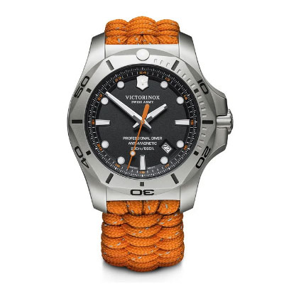 Victorinox diver’s watch with a black dial, silver bezel, and orange braided strap, displaying the time as 10:10.