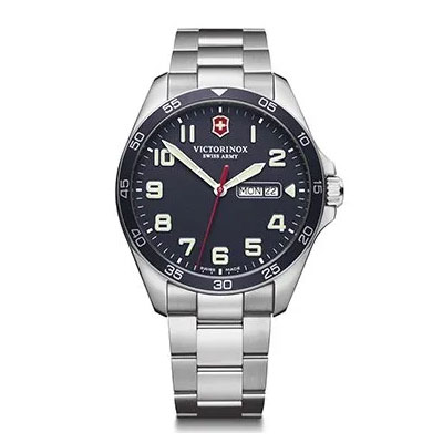Victorinox silver stainless steel wristwatch with a black dial, white numerals, red second hand, and a day-date display at the 3 o’clock position.