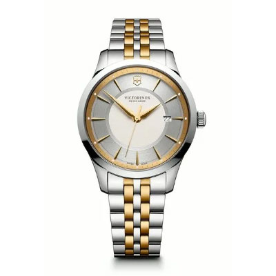 A silver and gold Victorinox wristwatch with a round face, date display, and two-tone metal bracelet, shown against a white background.