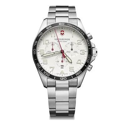 Silver Victorinox Swiss Army wristwatch with a white dial, black tachymeter bezel, three subdials, date window at 4 o’clock, and stainless steel bracelet.