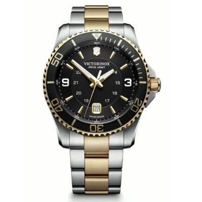 A two-tone stainless steel Victorinox Swiss Army wristwatch with a black and gold bezel, black dial, and date display at the 6 o’clock position.