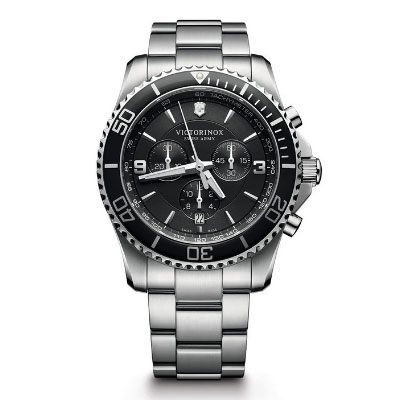 A stainless steel Victorinox wristwatch with a black dial, silver hour markers, and three subdials, featuring a rotating bezel and date display.