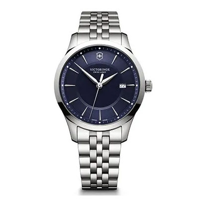 A silver Victorinox wristwatch with a blue face, silver hour markers, date display at 3 o’clock, and a metal link bracelet.
