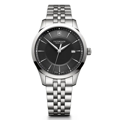 A silver Victorinox wristwatch with a black dial, date display, and metal link band is shown against a white background.