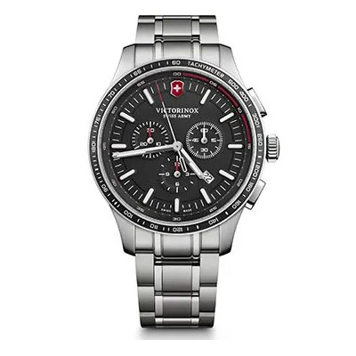 Victorinox Swiss Army stainless steel chronograph wristwatch with a black dial, three subdials, and tachymeter bezel, shown from the front.