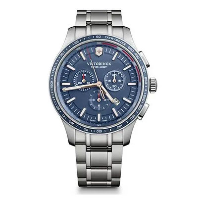 Silver stainless steel Victorinox wristwatch with a blue analog dial, three subdials, date display, and tachymeter scale on the bezel.