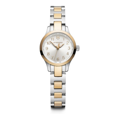 A silver and gold wristwatch with a round white face, gold hour markers, and a two-tone metal link band. The watch shows the Victorinox logo under the 12.