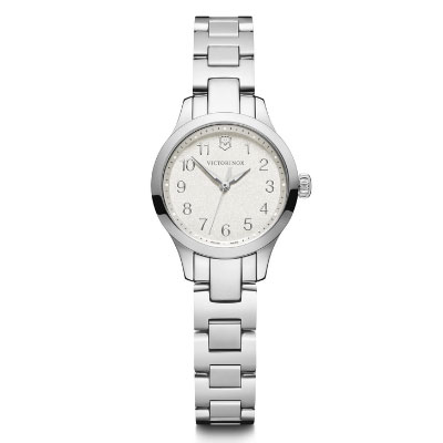 Silver wristwatch with a metallic strap and a round white face displaying Arabic numerals and three hands, photographed against a plain white background.