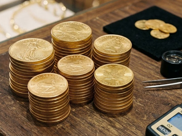 Stacks of gold coins are arranged on a wooden surface next to a small black cloth with more coins, a magnifying glass, tweezers, and part of a digital scale.