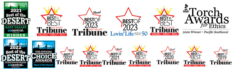 A collection of award logos from 2020 to 2023, including Best of the Desert, Tribune Best of, Torch Awards for Ethics, and Official Community Choice Awards.