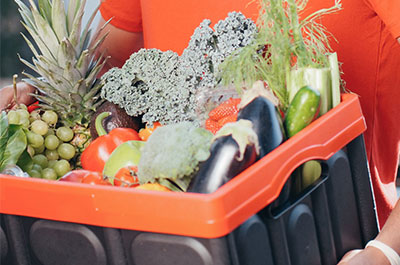 A person in a red shirt holds a black crate with assorted fresh fruits and vegetables, including pineapple, grapes, eggplant, broccoli, and leafy greens.